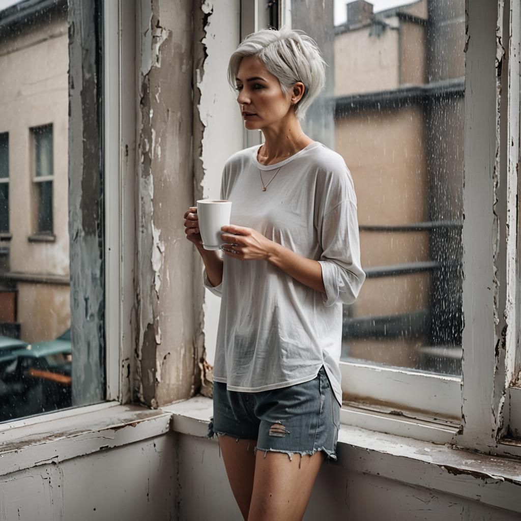 Woman with Coffee Gazing at Rain: Watercolor Art