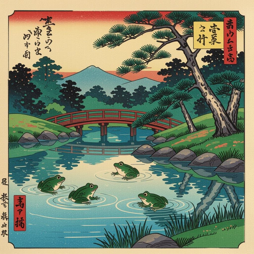 Frogs Jumping into Pond: Japanese Inksplash Art