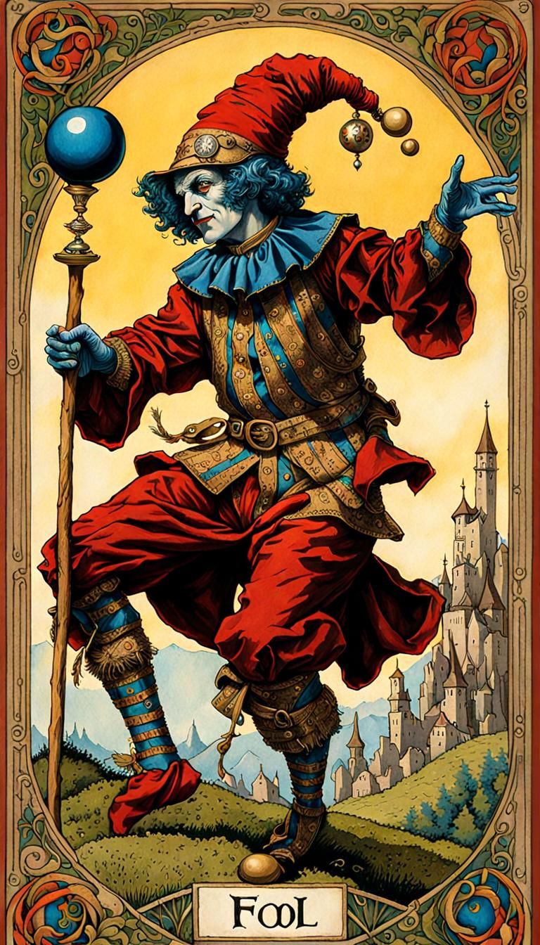 Jester as The Fool Tarot Card in Acrylic Style