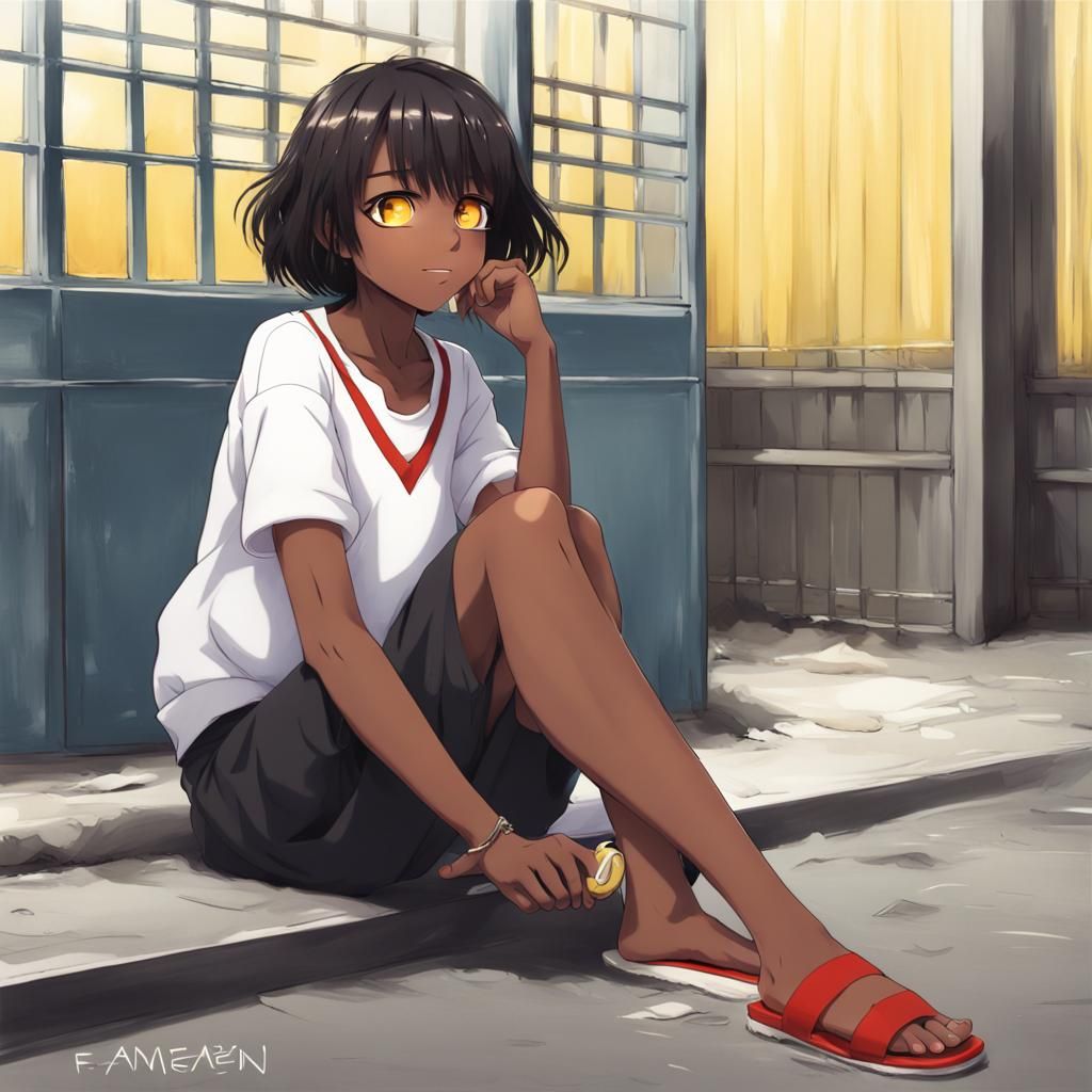 Anime Girl with Yellow Eye at Picnic, Manga Style