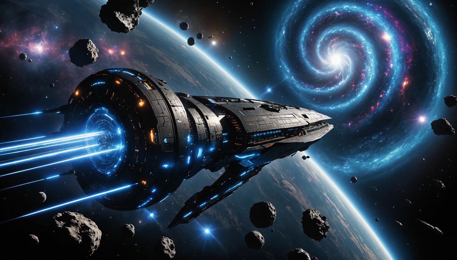 Futuristic Spacecraft Navigating Asteroid Belt in Deep Space