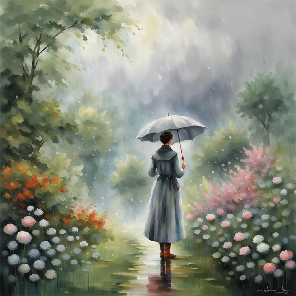 Girl in Rainy Landscape, Detailed Matte Painting
