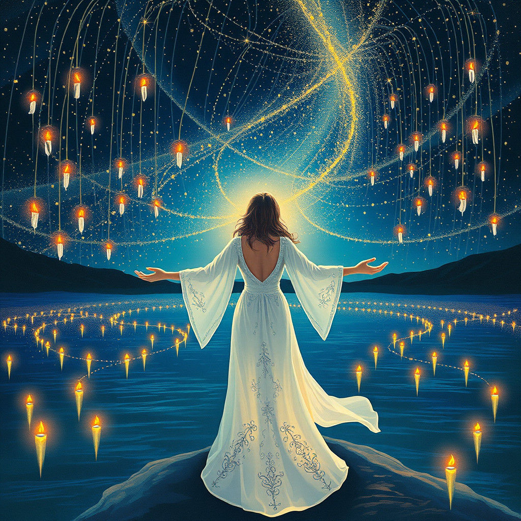 Mystical Woman Guides with Candle Lights in Dreamlike Scene
