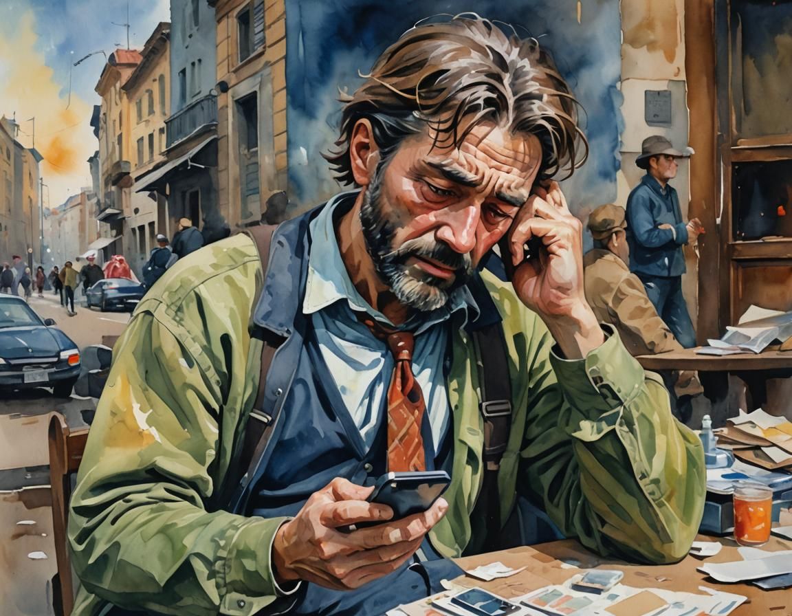Devastated Man with Phone in Gouache Style