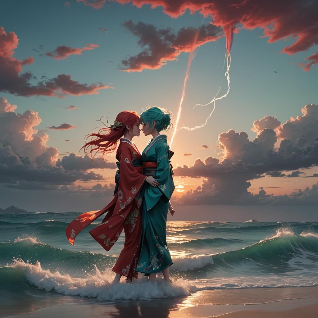 Sunset Waterspout Kiss: Anime Style 3D Art