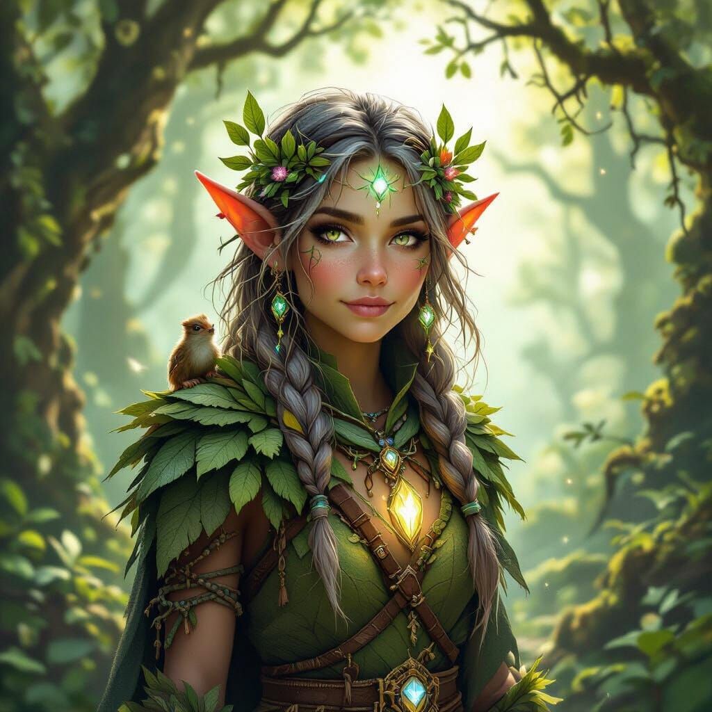 Forest Gnome Druid in Sun-Dappled Grove, Fantasy Art