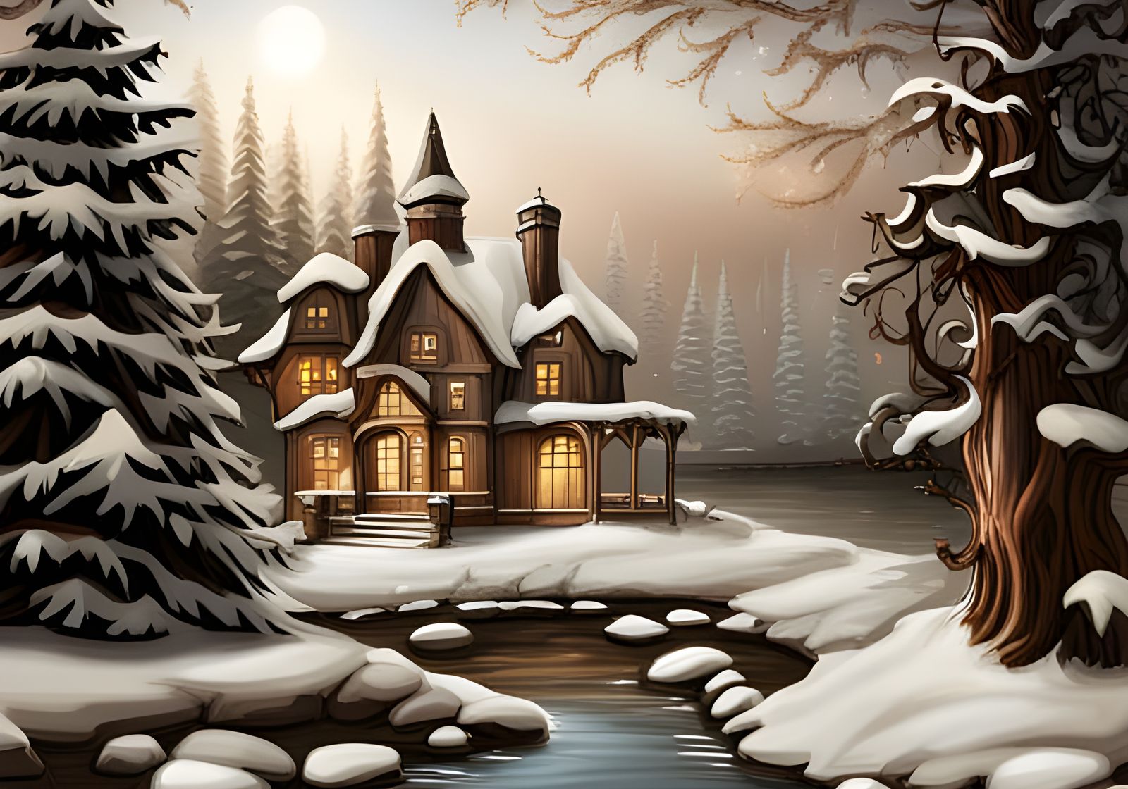 Fantasy Winter House in Snow Forest, Hyperrealism