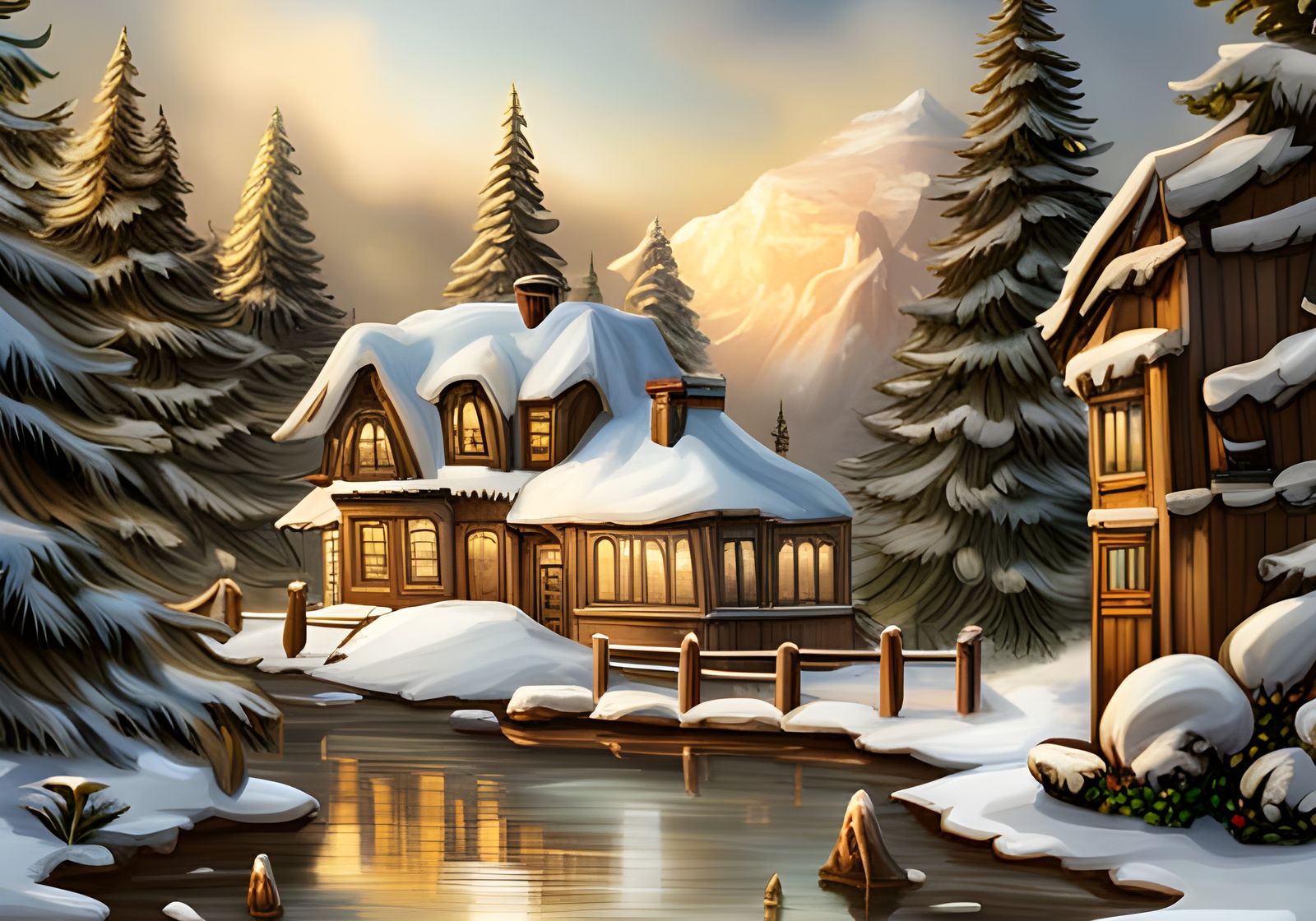 Fantasy Winter House in Snow Forest, Hyperrealism