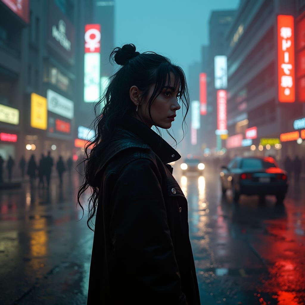 Cyberpunk Femme Fatale in Rainy Cityscape