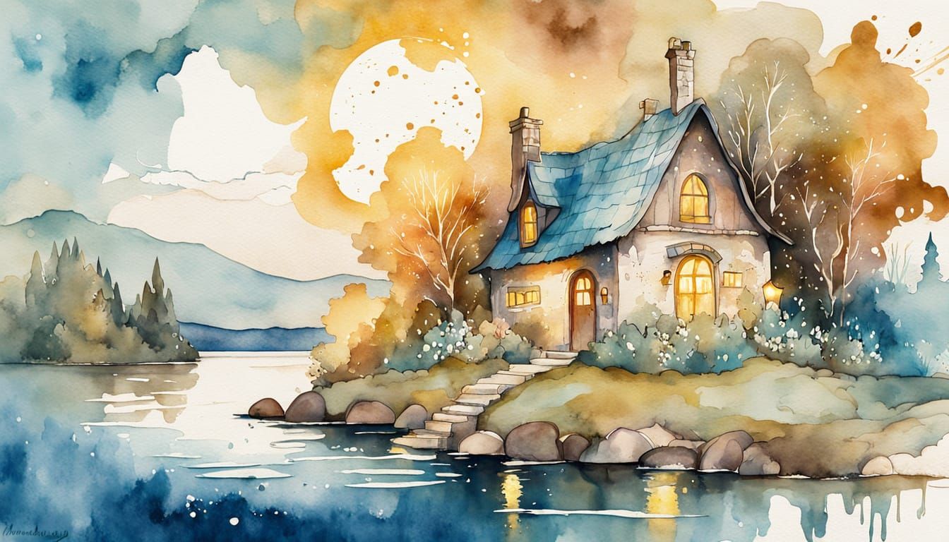 Fairytale Cottage by Lake in Watercolor Splash Style