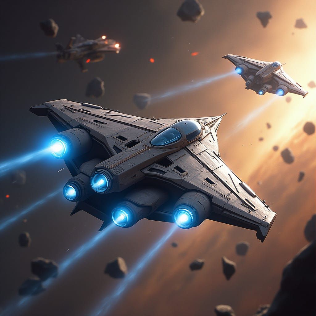 Triangular Starship Evades Pursuing Starfighters in Swirling...