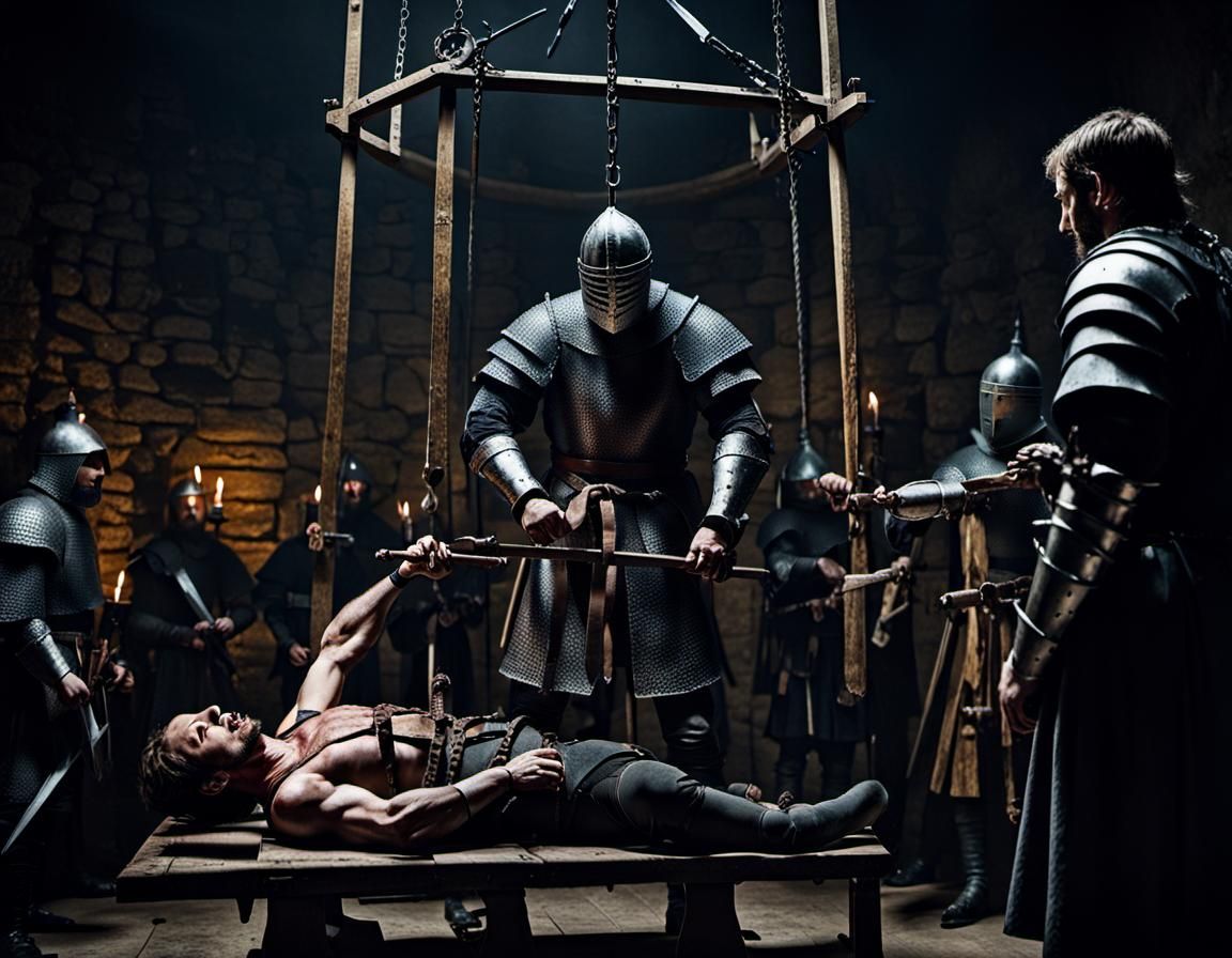 The Knights Are Torturing a Man on the Rack in a Dimly Lit Medieval Torture Chamber