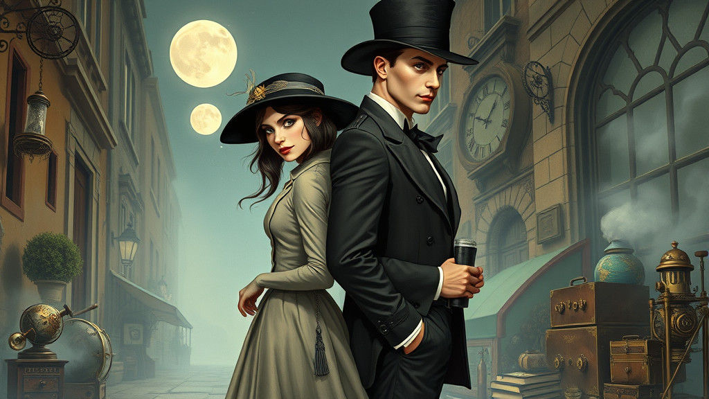 Steampunk Portrait of Aniskin and Fantomas in Moonlit Alley