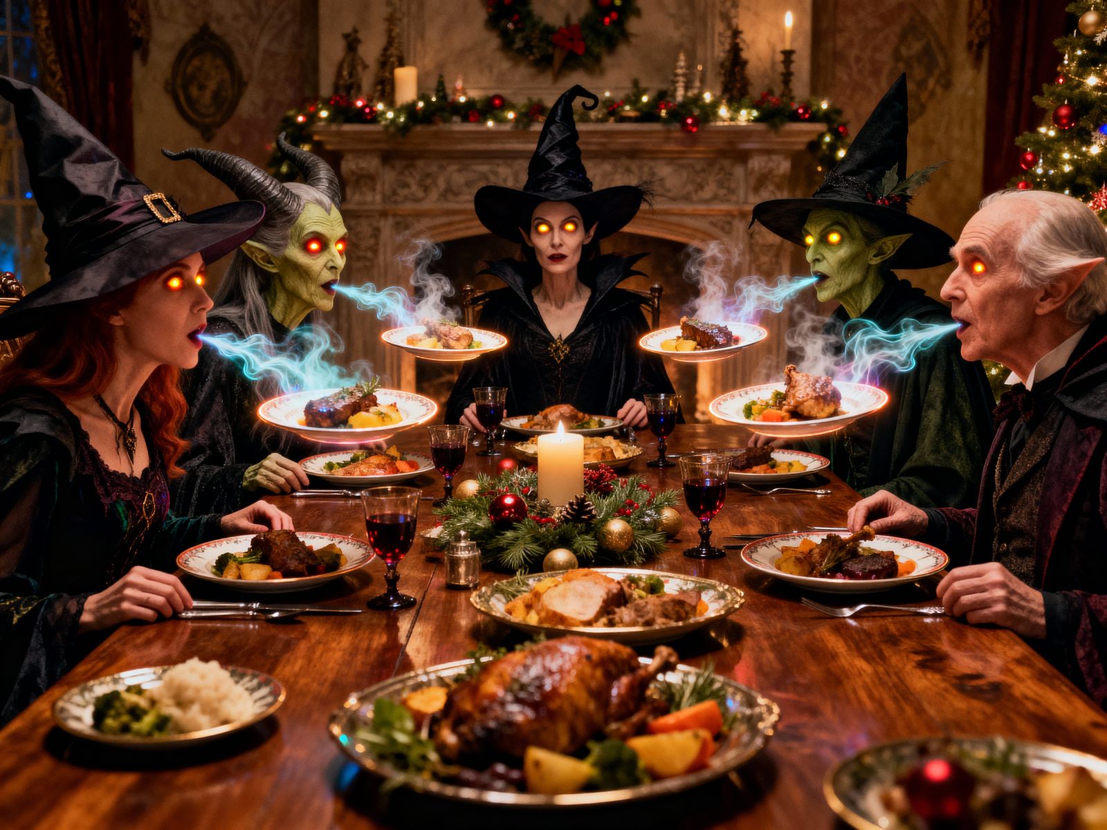 Magical Christmas Dinner with Floating Food in RAW Photo Sty...