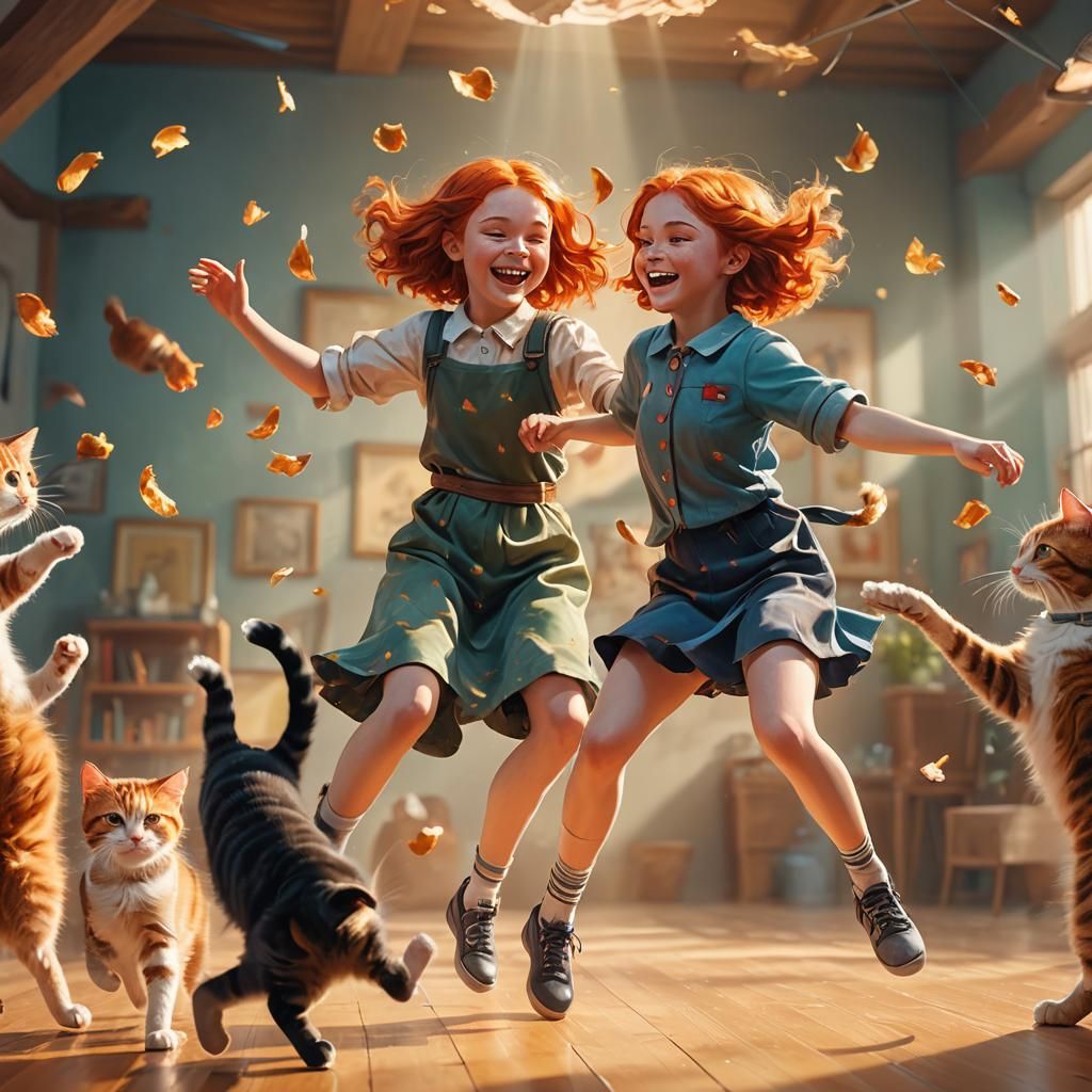 Girl Dancing with Cats: 3D Digital Art