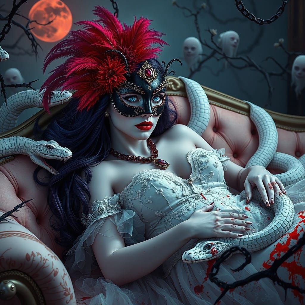Gothic Carnival: Woman with Snakes and Red Moon