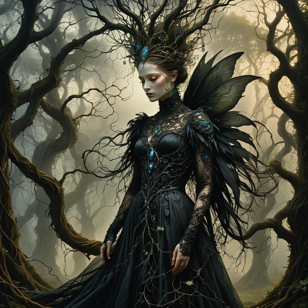 Ethereal Fairy in Black Gown: A Surreal Matte Painting