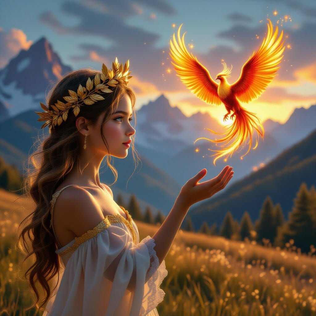 Centaur Girl Reaching for Phoenix in Golden Meadow