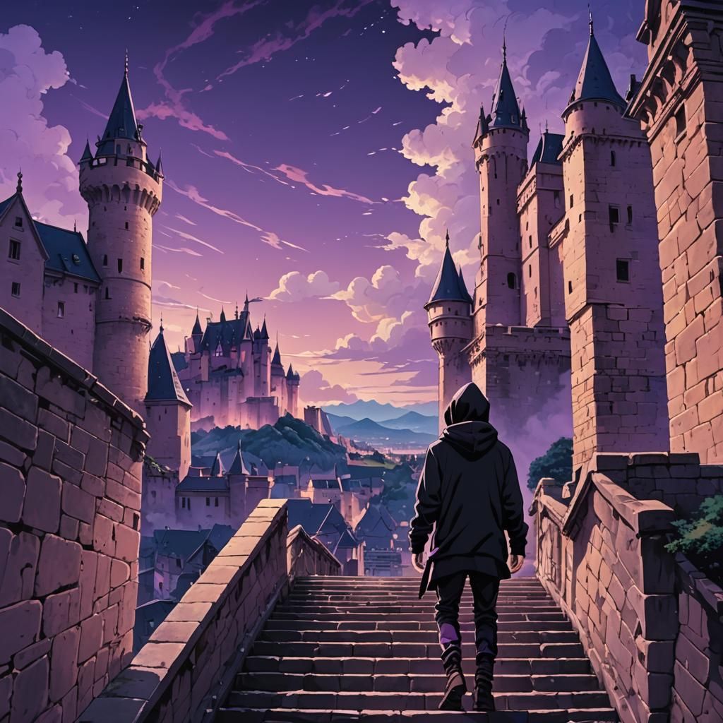 Anime Castle Stairway with Purple Sky in Cel-Shaded Manga St...