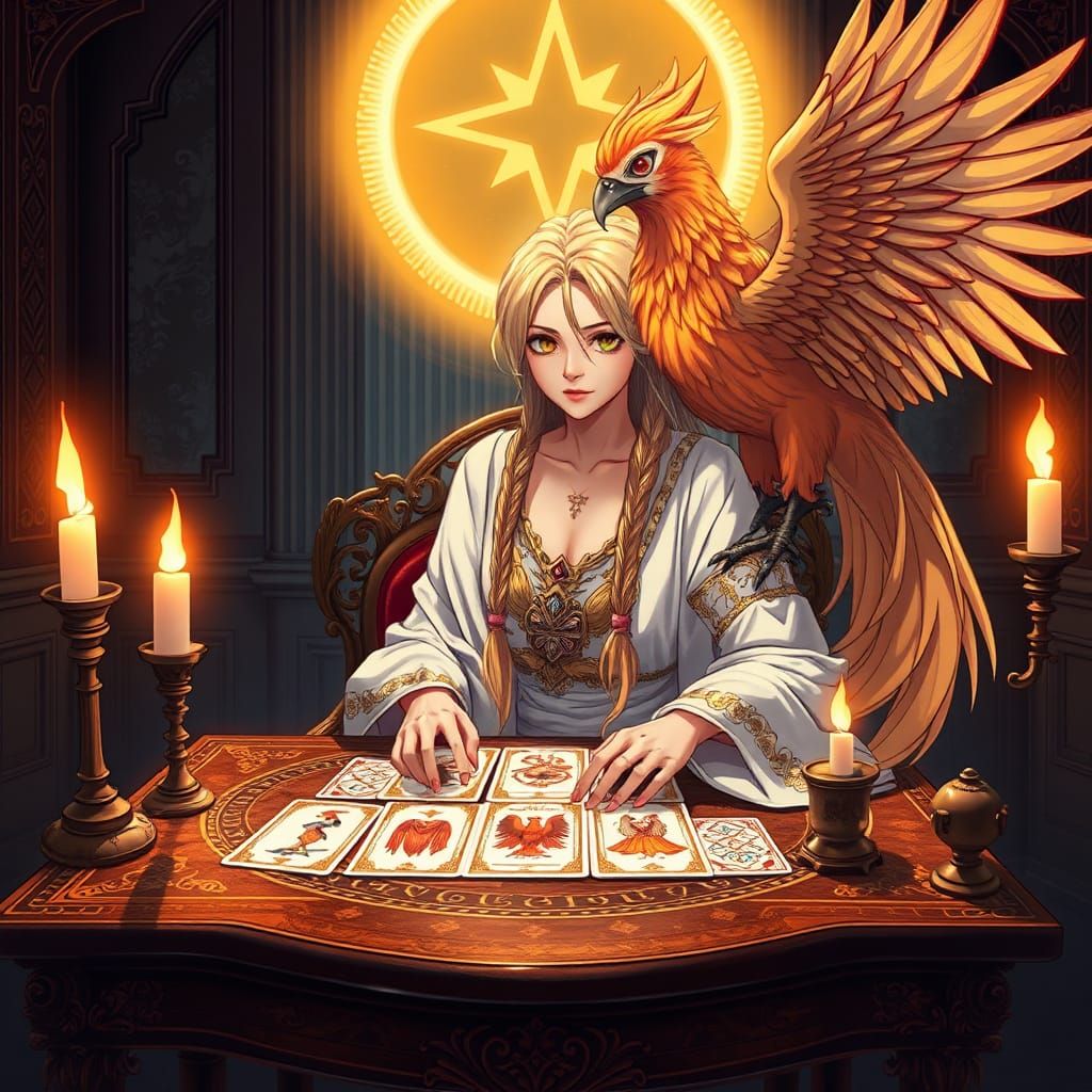 Mystical Tarot Reader with Phoenix in Anime Style