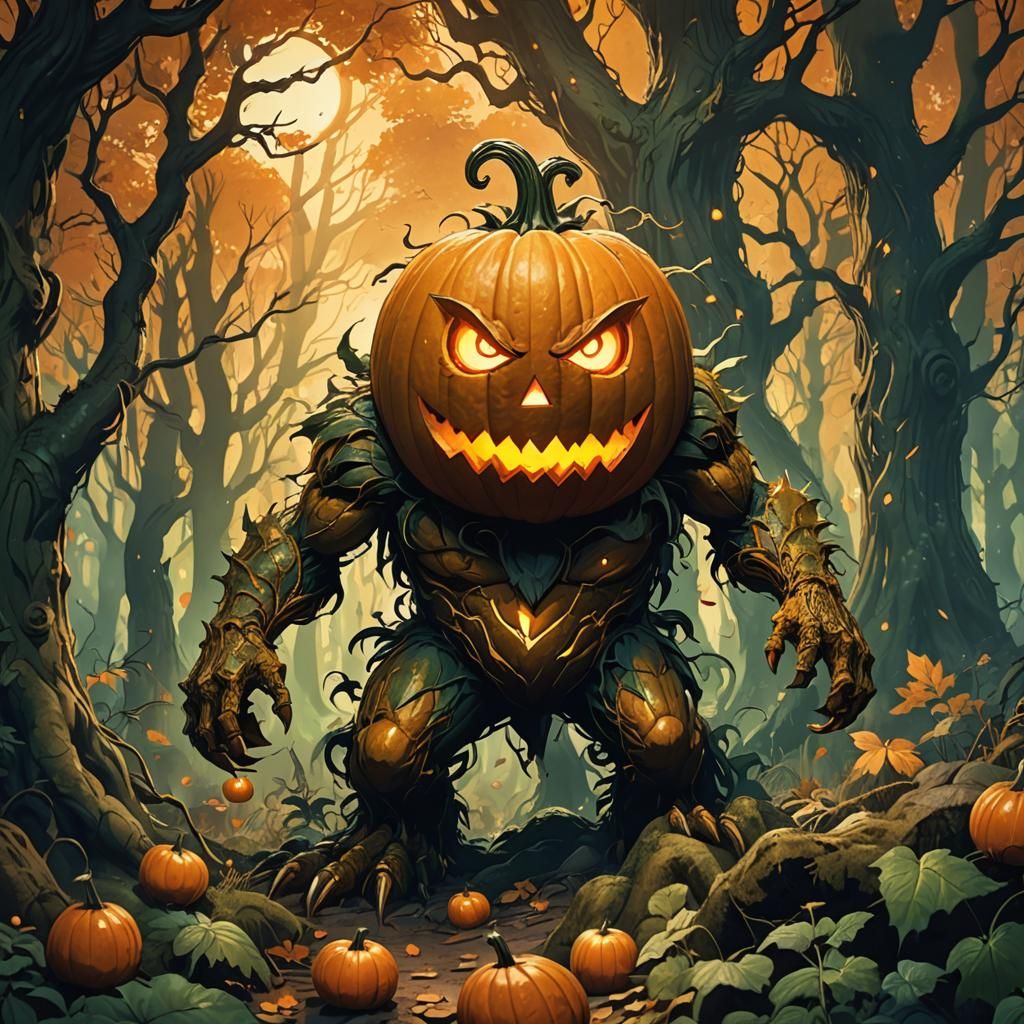 Pumpkin Monster in Mystical Forest: Anime Style