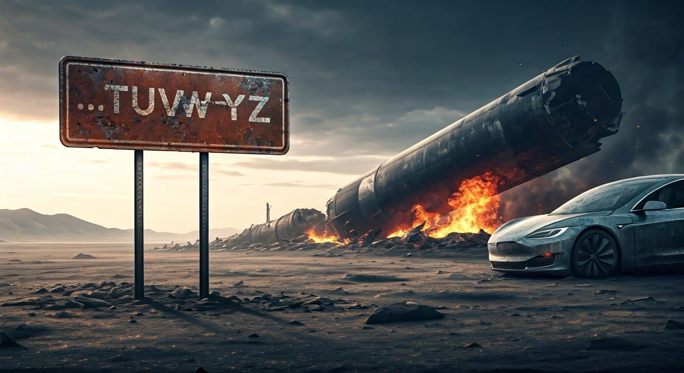 Post-Apocalyptic Wasteland with Crashed Rocket and Sign