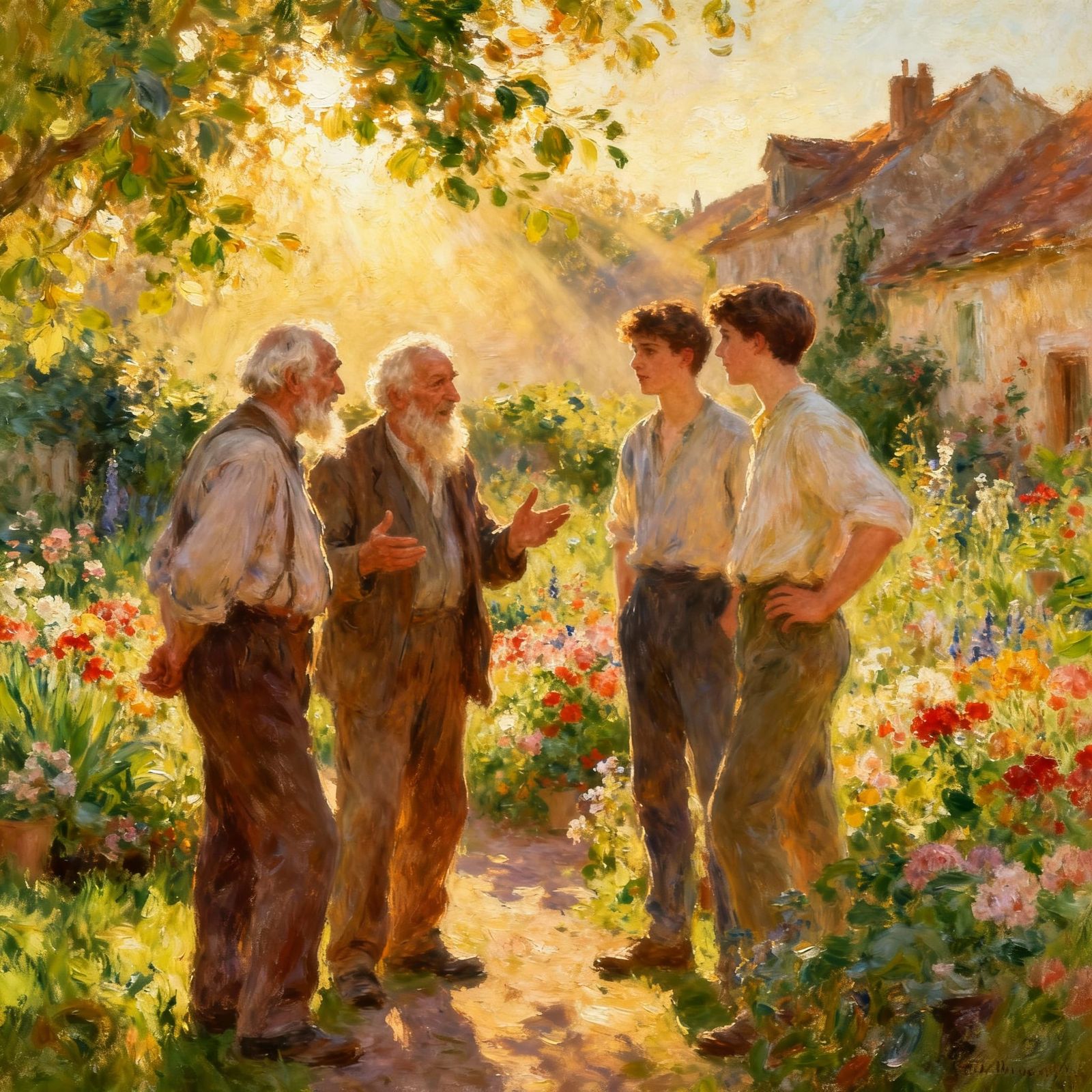 Elderly Men Converse with Youth in Lush Village Garden