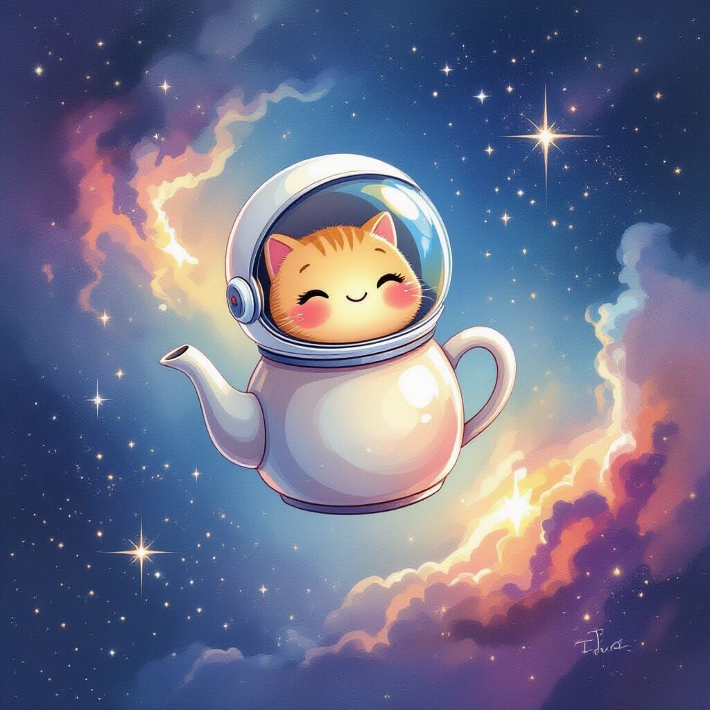 Anthropomorphic Teapot Astronaut in Deep Space Watercolor