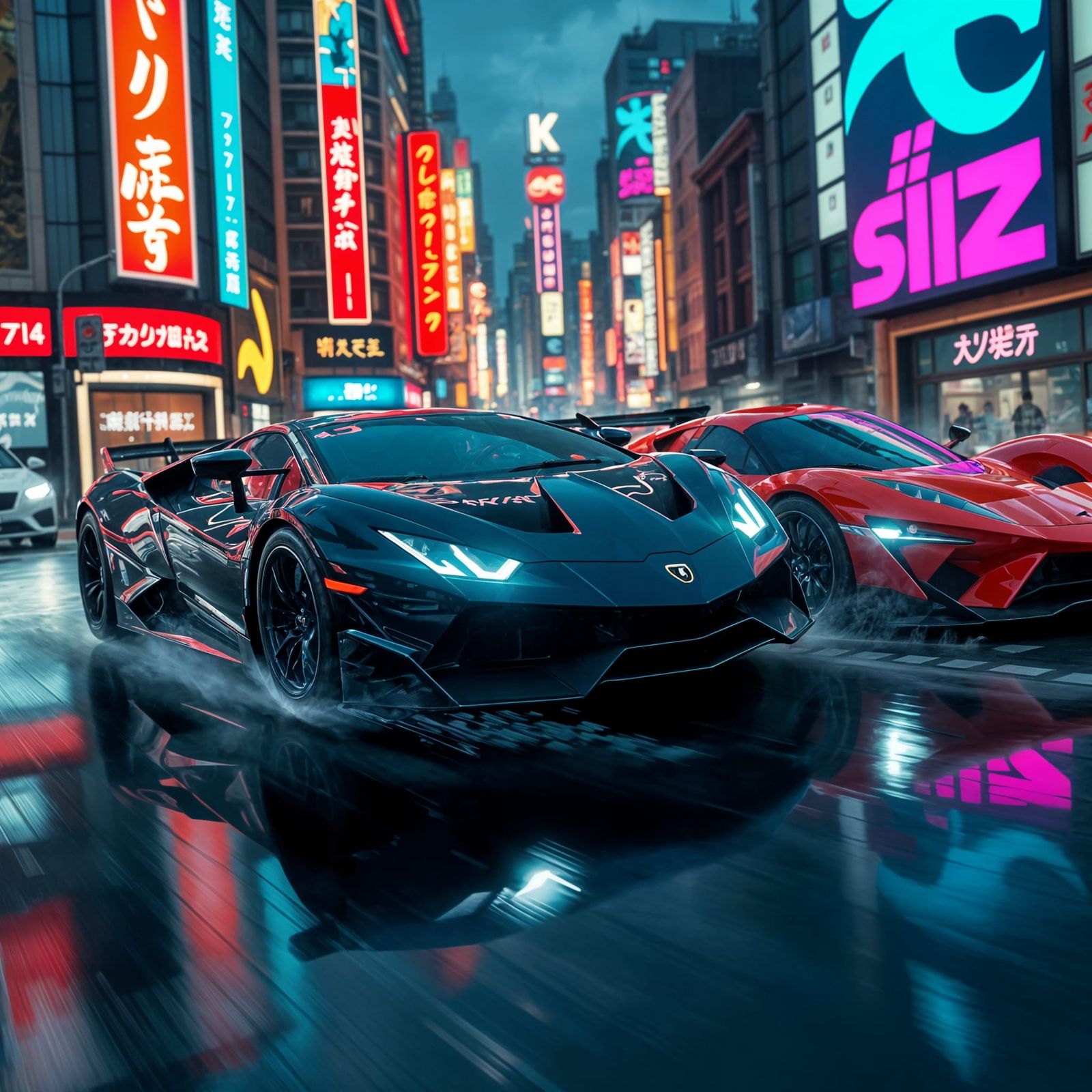 Futuristic Supercars Race Through Neon Tokyo