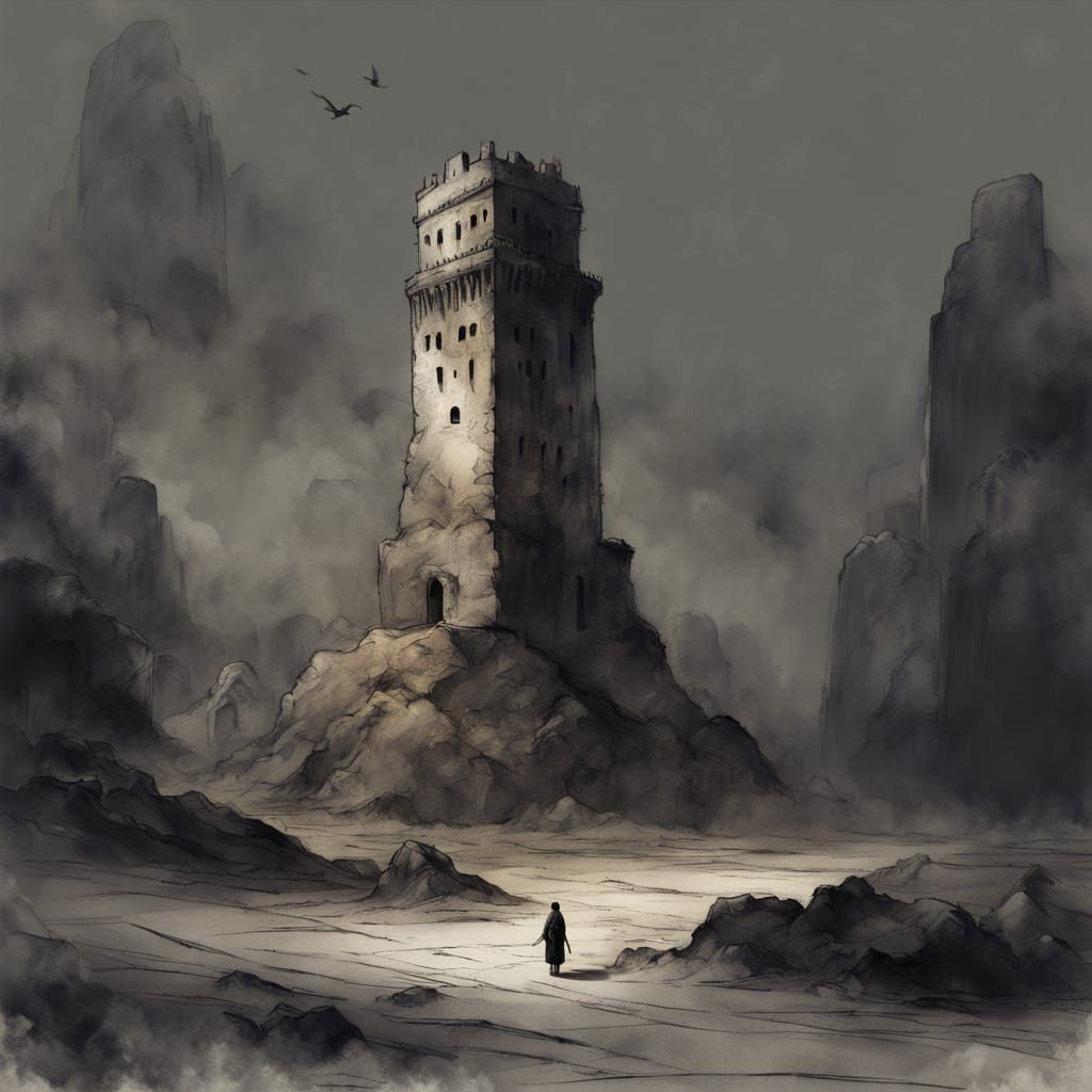 Lone Figure at Ancient Crumbling Tower in Ink Wash Style
