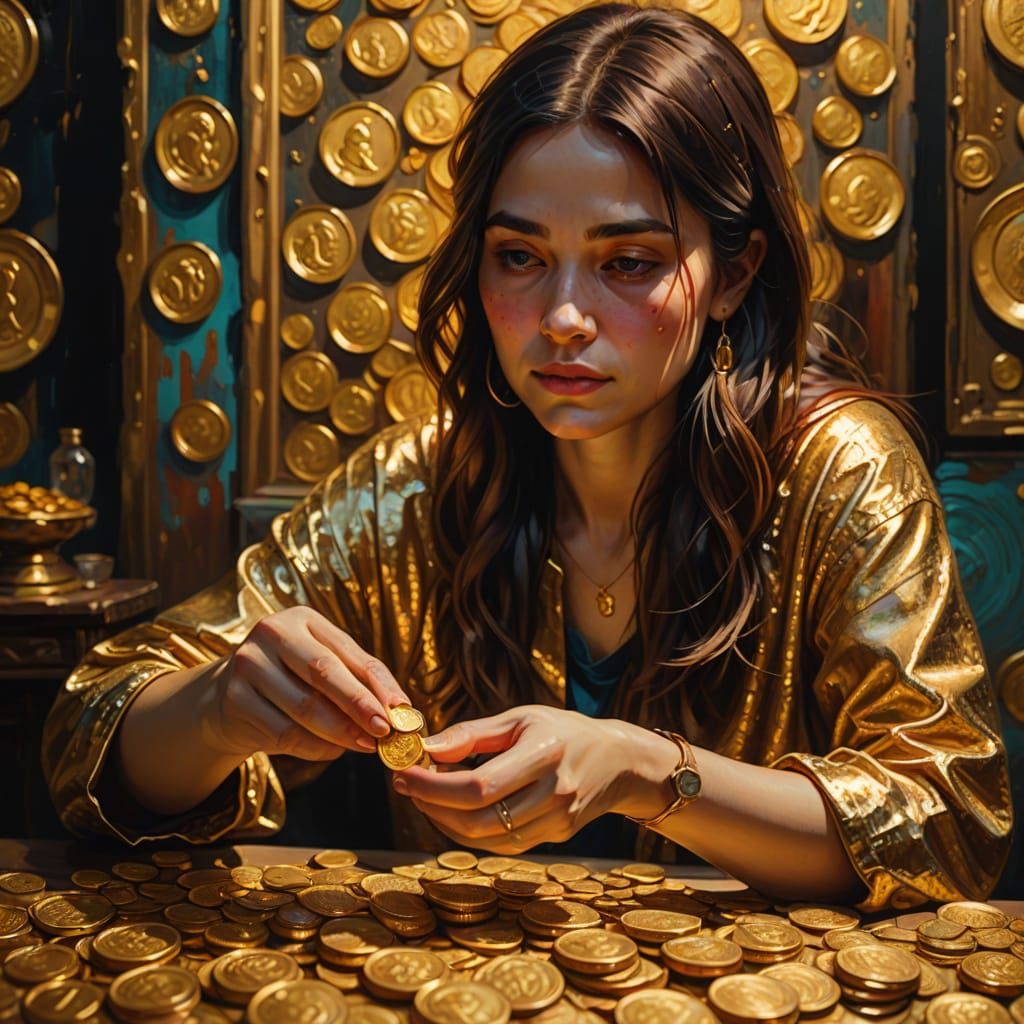Woman Stares at Gold Coins: Oil Painting