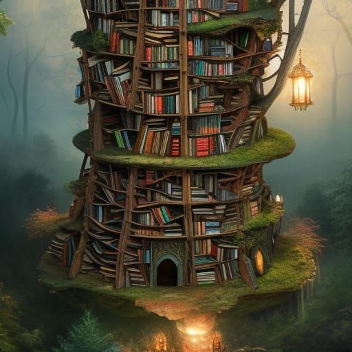 beautiful ornate treehouse full of stacked books, gnome house, pages, chaotic, beautiful, hyperdetailed, intricate, 8k r...