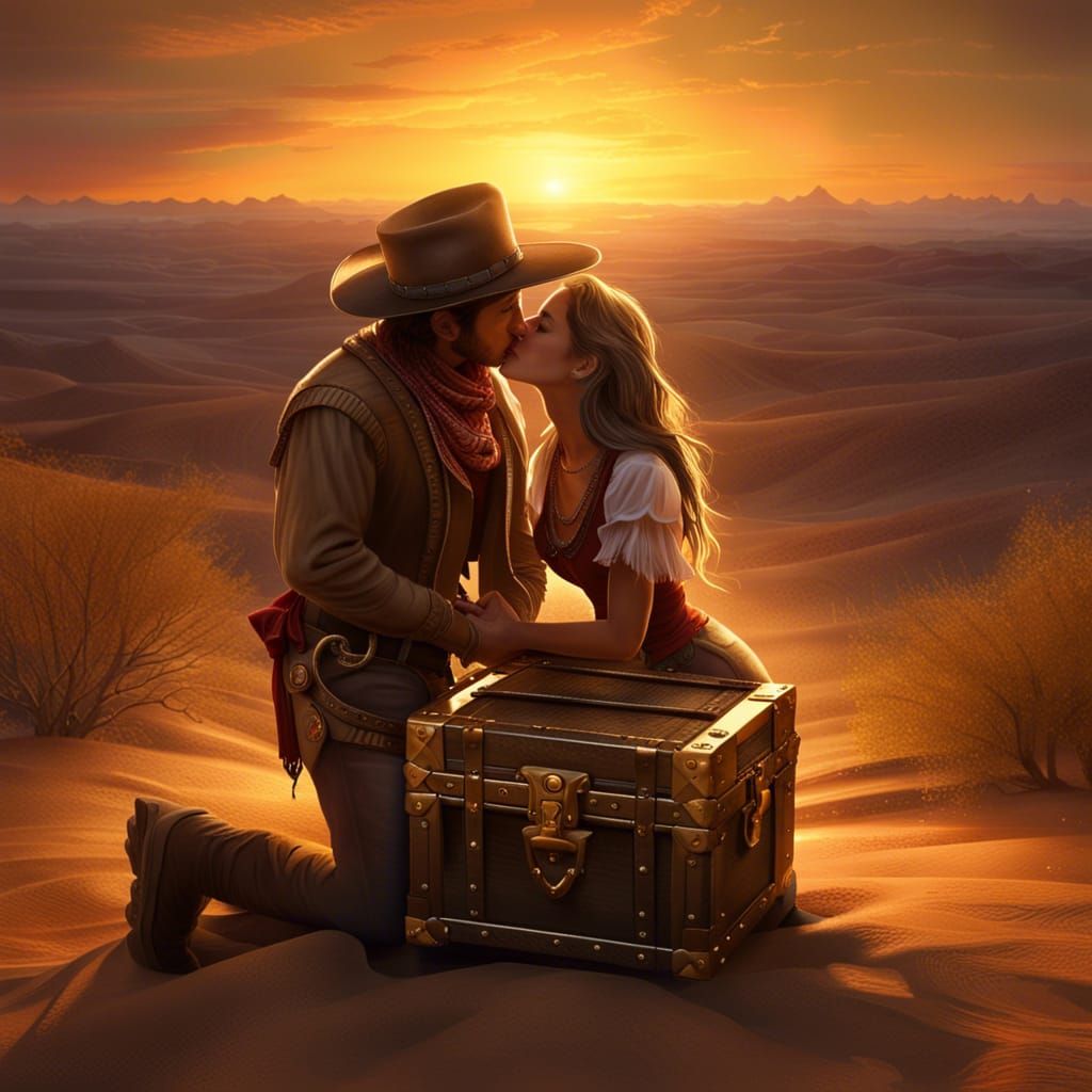 Cowboy and Cowgirl's Sunset Kiss with Golden Treasure
