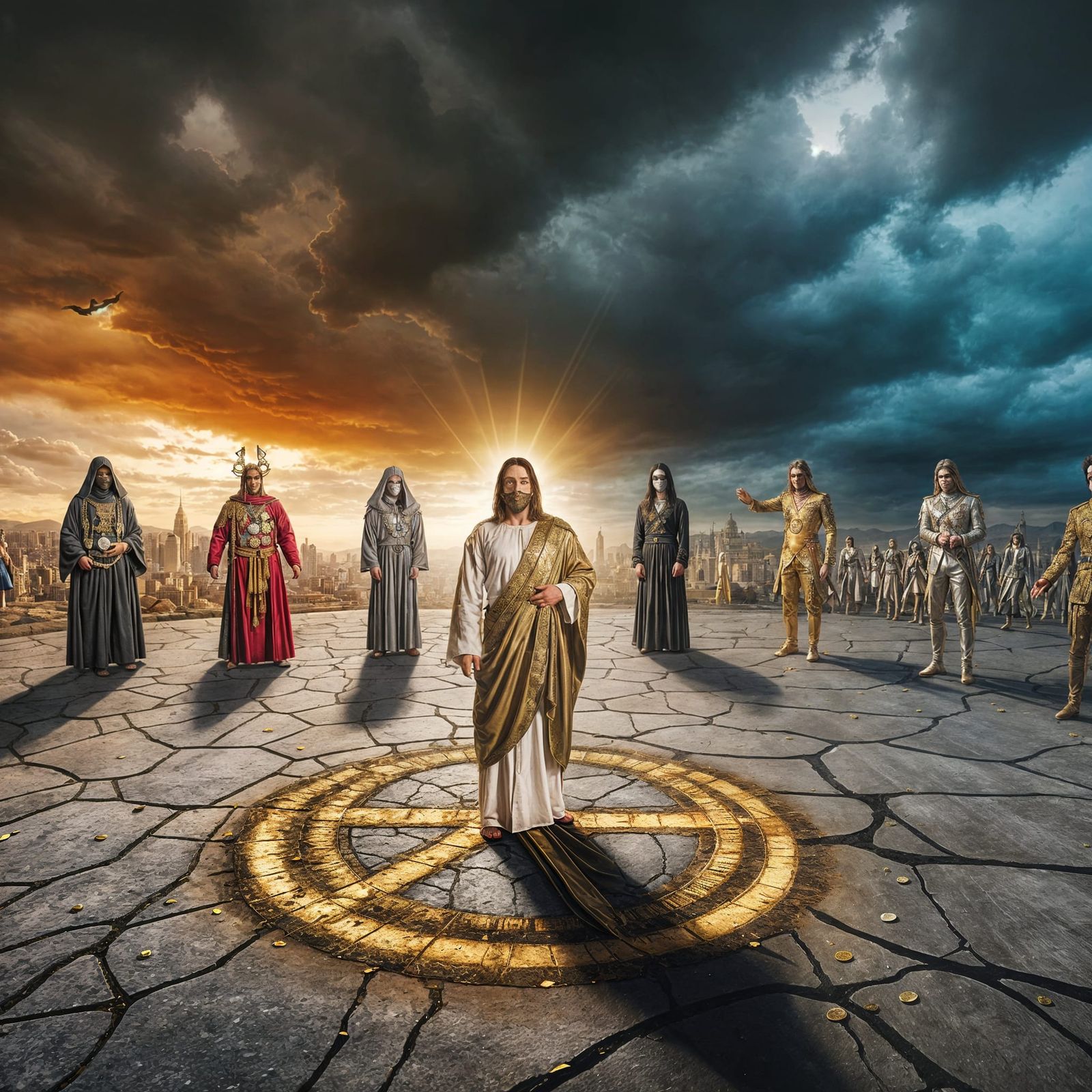 Jesus Christ Confronts Sins on Stone Plaza