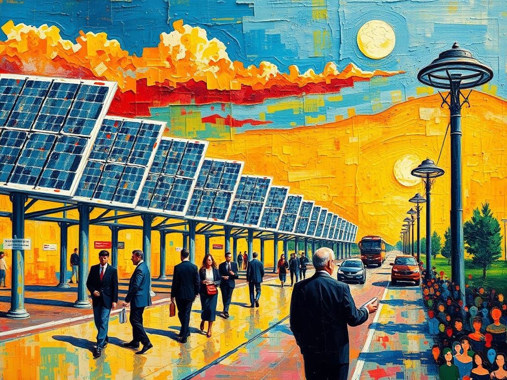 Vibrant Futuristic Scene with Solar Panels and City Life
