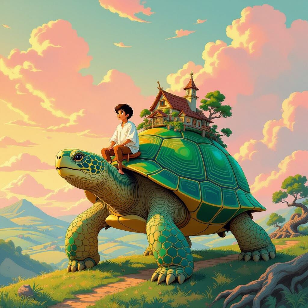 Boy Rides Giant Tortoise Through Dream Horizon