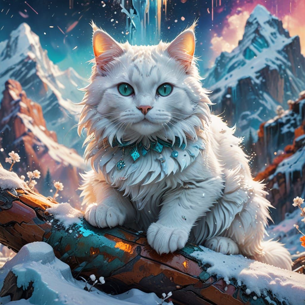 Cute Cat in Snowy Valley, Mixed Media Art