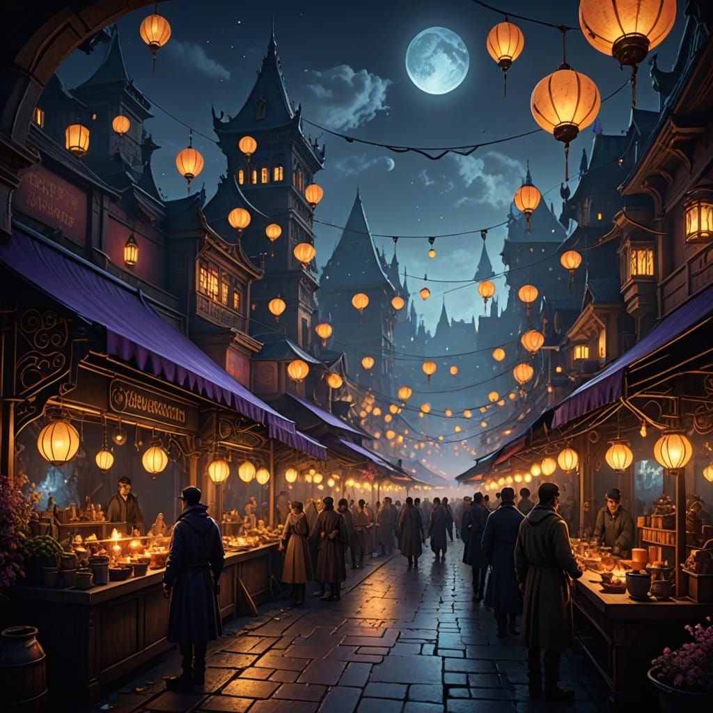 Enchanted Night Market under Moonlit Skies