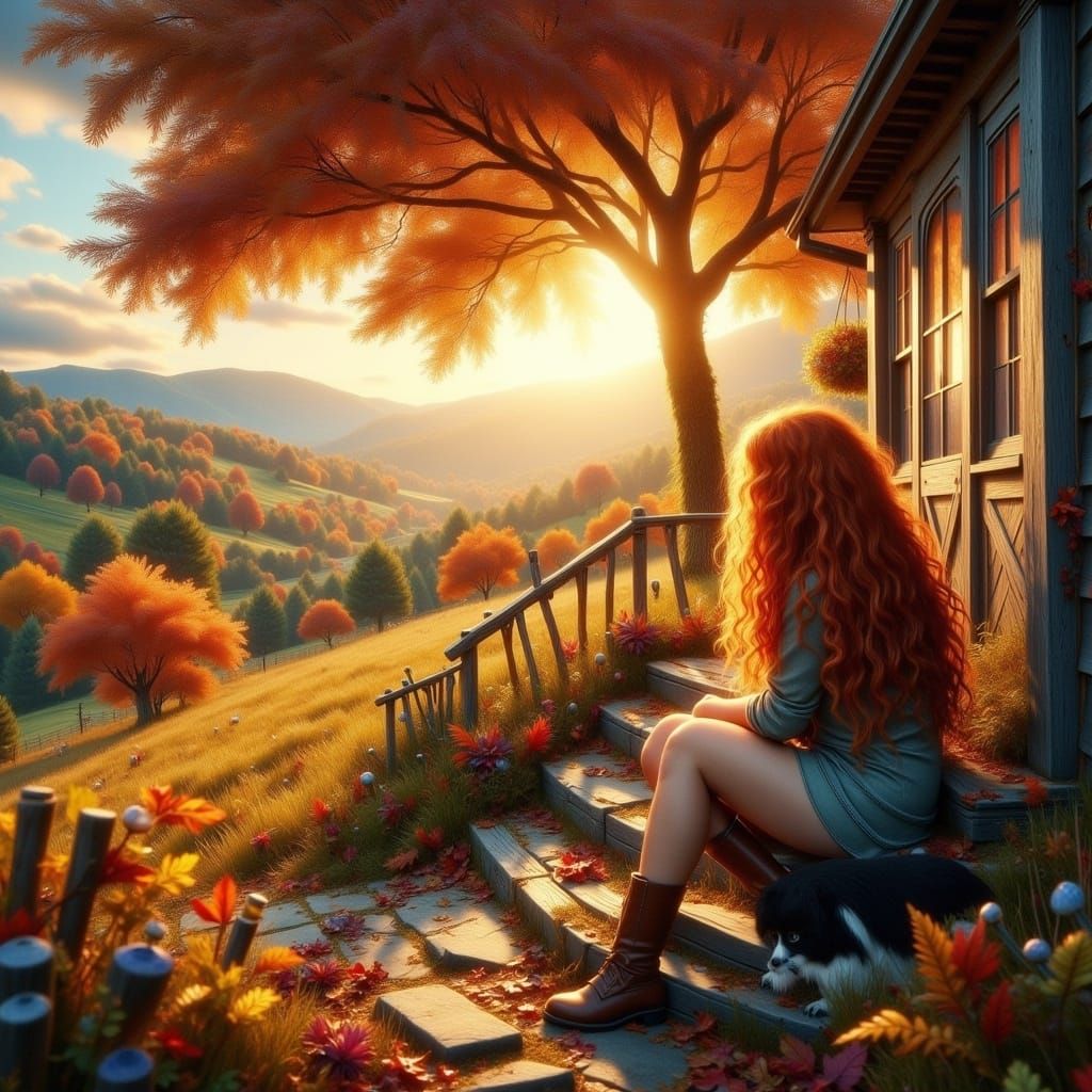 Whimsical Girl on Rustic Farmhouse Porch with Loyal Collie