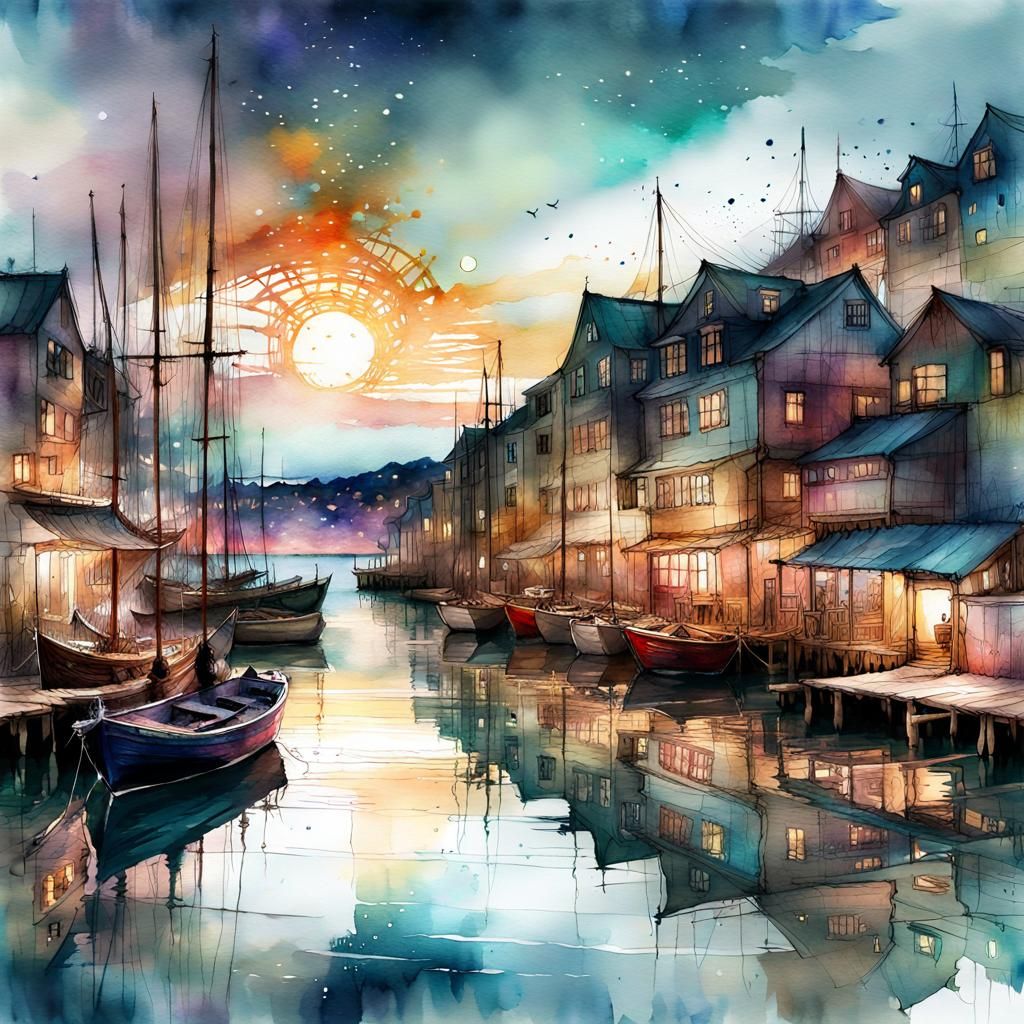 Harbor Village Reflection: Digital Watercolor Art