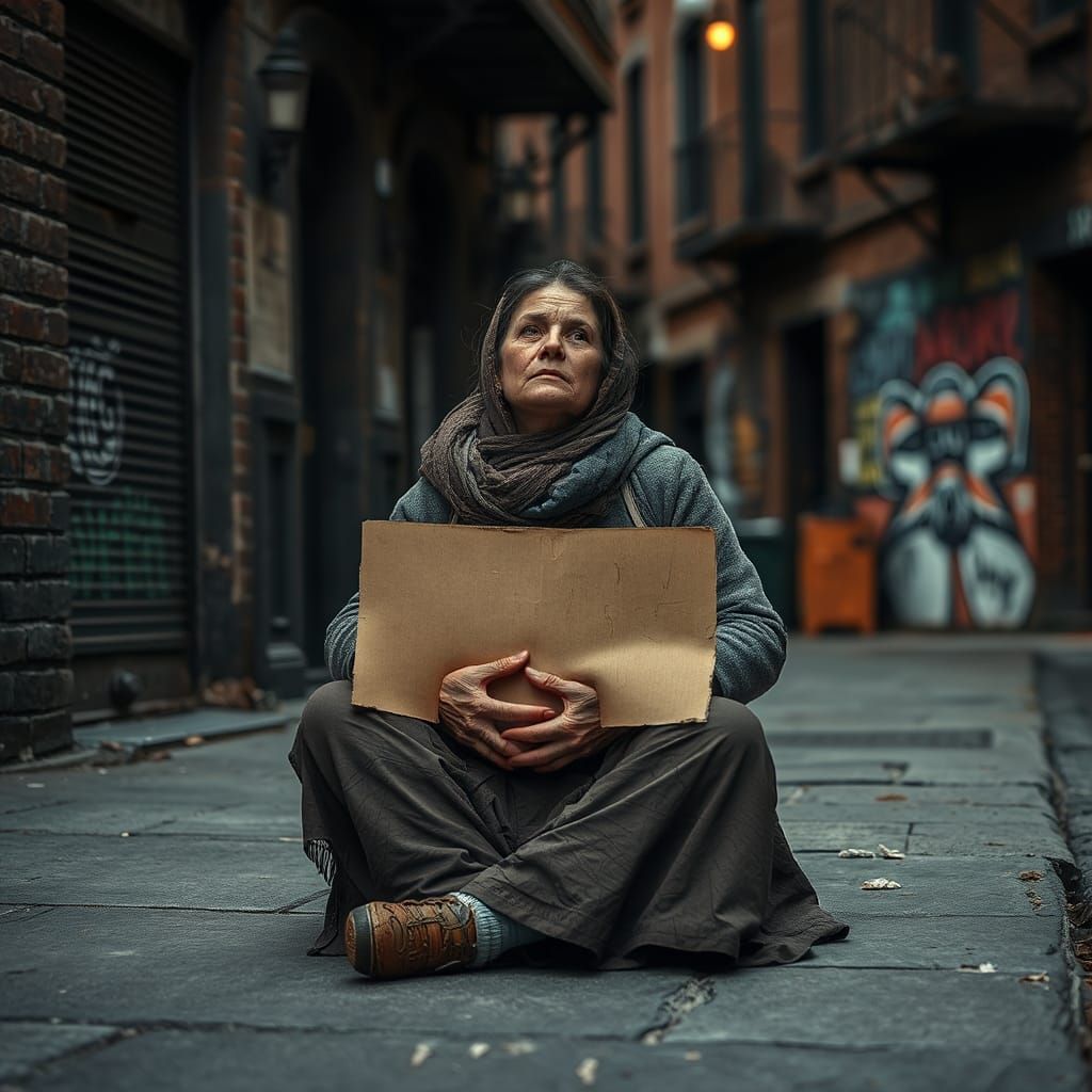 Pregnant Woman Begging: Hyperrealistic Street Scene