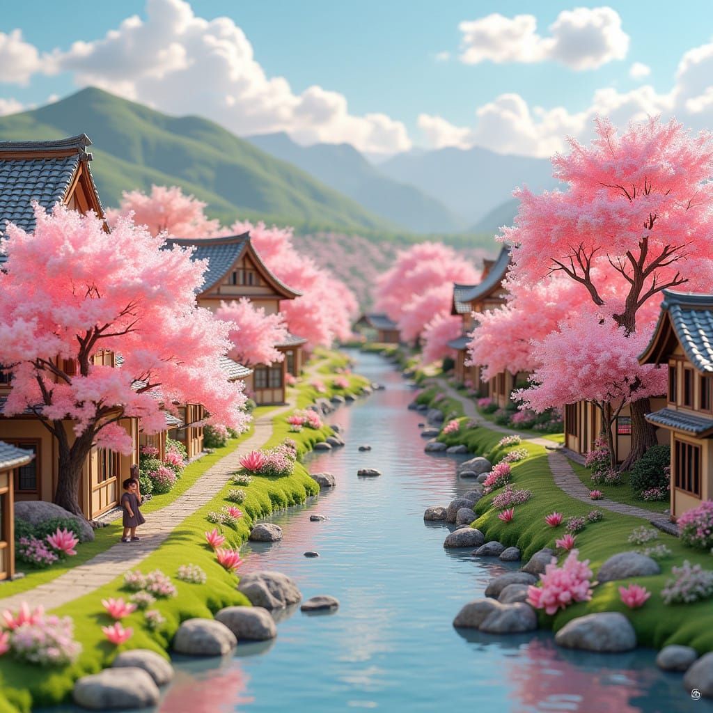 Whimsical Candy Village Under Sakura Trees