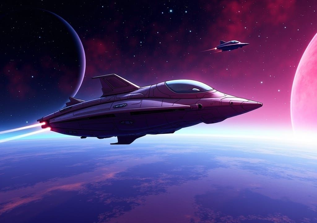 Cel-Shaded Spaceship in Orbit with Motion Blur