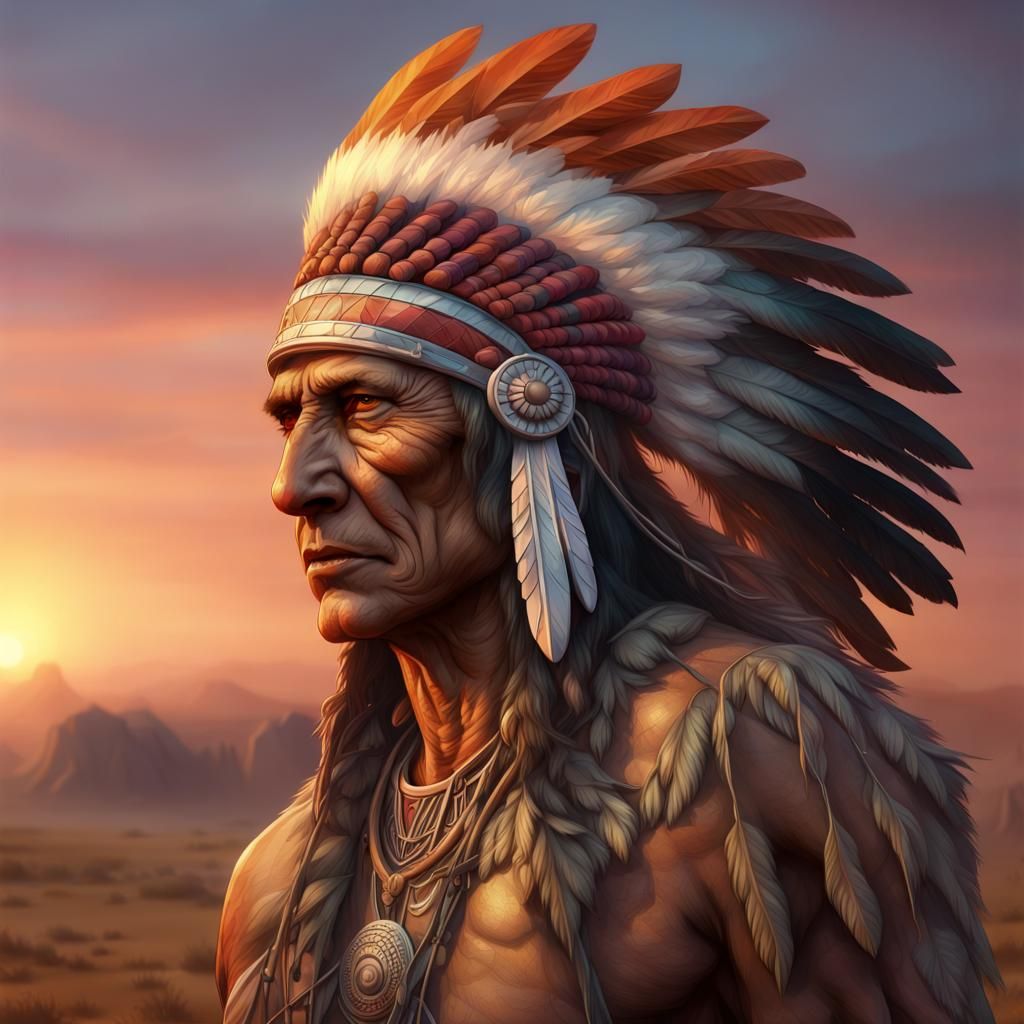 Brave Chief with Eagle at Sunset