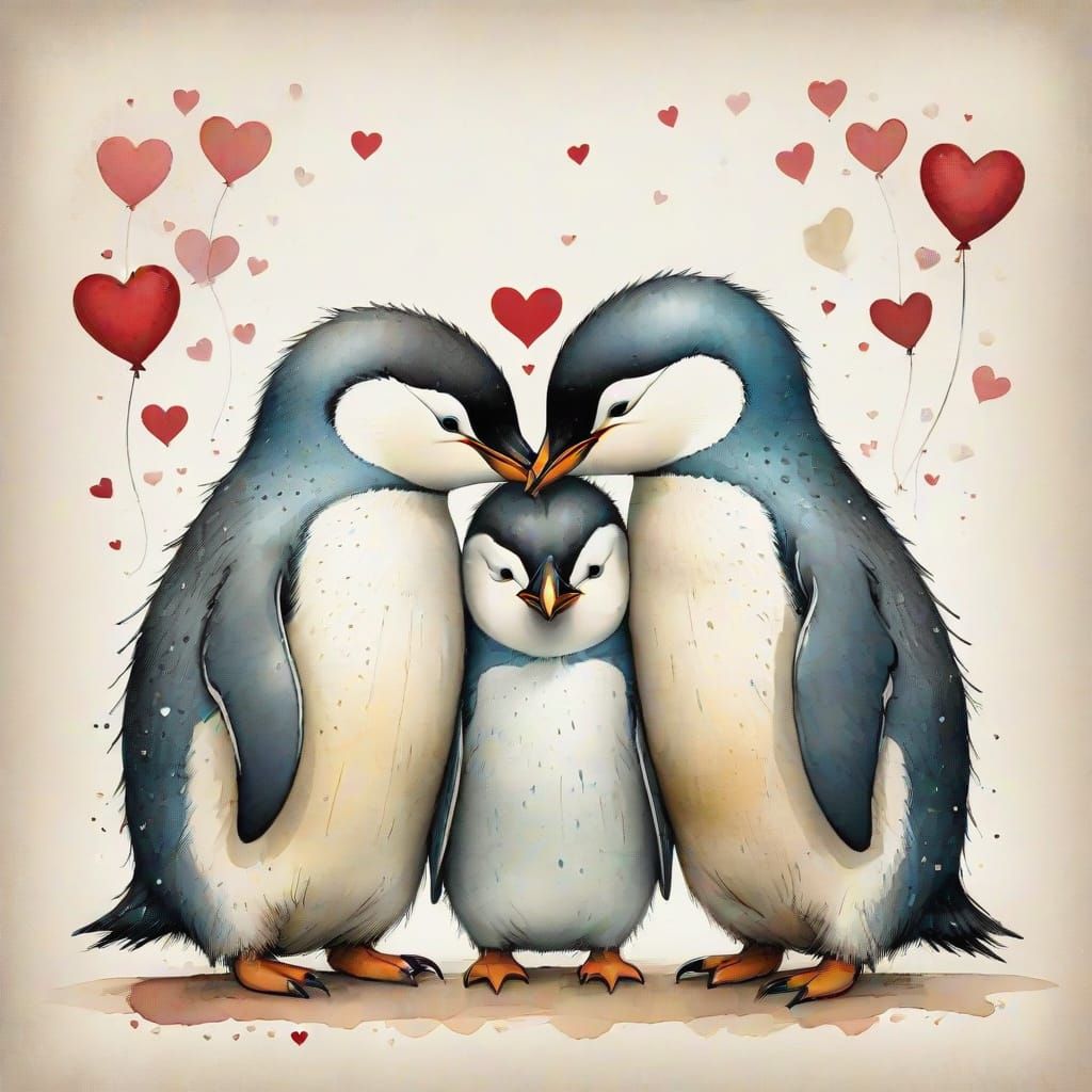 Whimsical Penguin Embrace in Vibrant Doodle Art