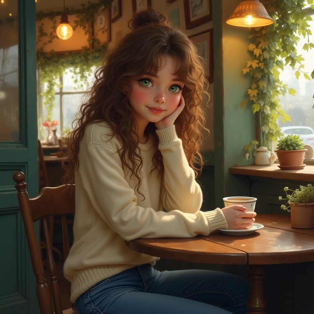 Young Woman in Irish Cafe, Impressionistic Style
