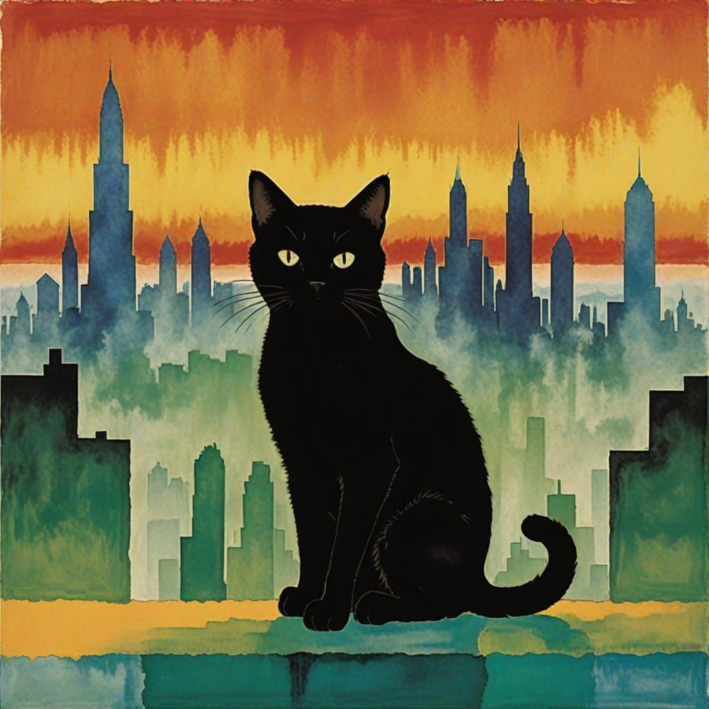 Cat Explores Abstract Lost City Art