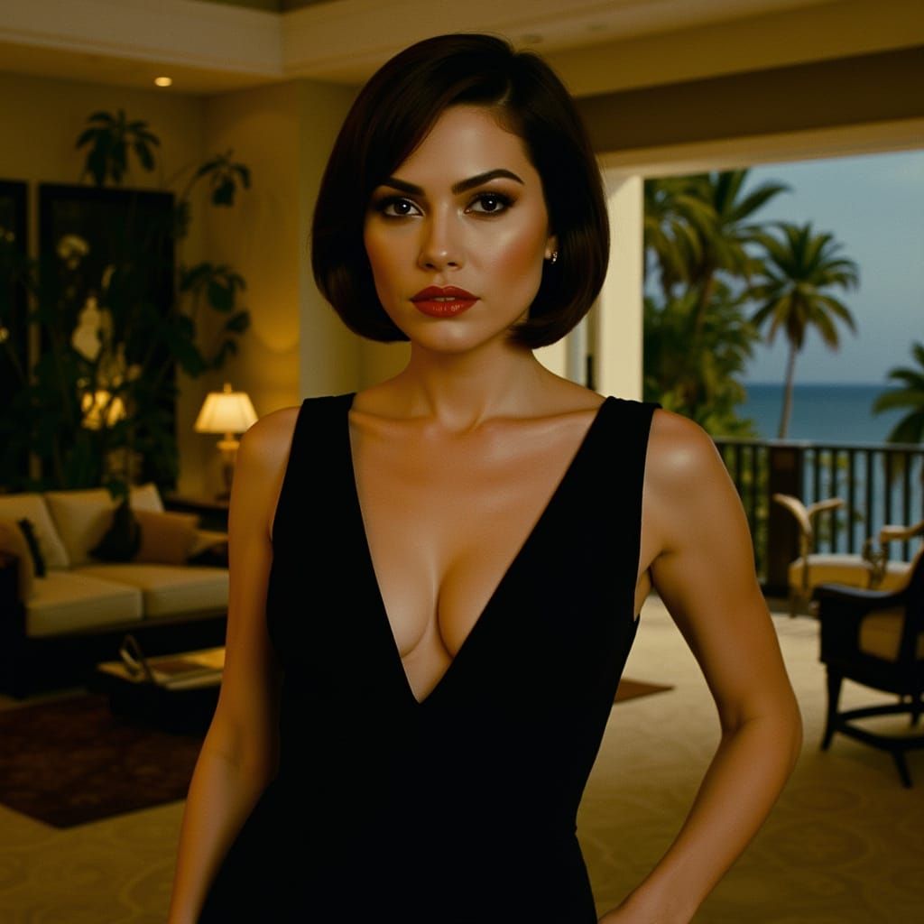 Elegant Assassin: A Chic Spy in Tropical Setting