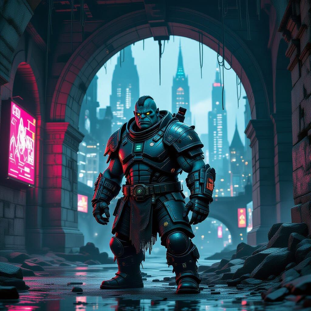 Cyborg Troll in Cyberpunk Medieval City