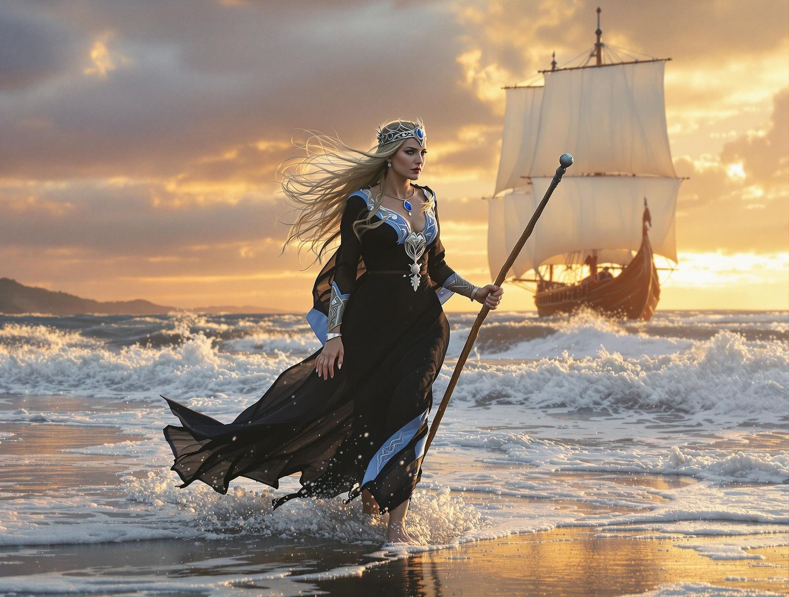 Norse Goddess of Oaths Striding Along Seashore